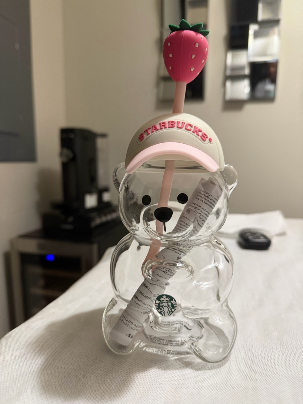 Starbucks Bearista cold glass cup with Pink Strawberry Straw NIB New Release